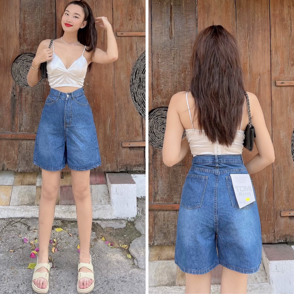 Quần Short Jean Ngố Nữ Ống Rộng Lưng Cao Basic Chất Bò Phong Cách Ulzzang Hàn Quốc 4 Màu 438 520 304