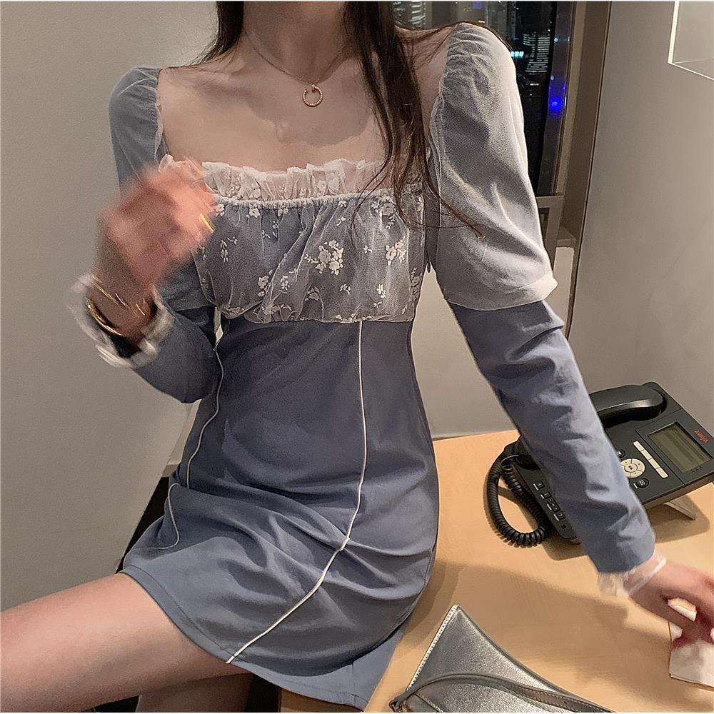 Đầm Midi Dáng Chữ A Tay Dài Phối Ren Quyến Rũ Cho Nữ