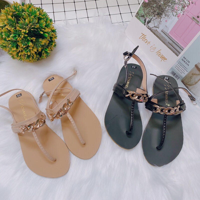 [Freeship đơn 50k] Dép sandal nữ đi biển xỏ ngón tag xích vàng hot hit