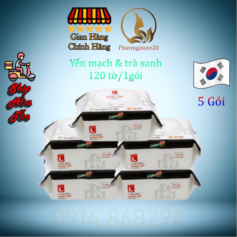 [Combo 5 Gói] Khăn Ướt Gia Đình Choice L Lotte Hương Yến Mạch Trà Xanh 120 miếng