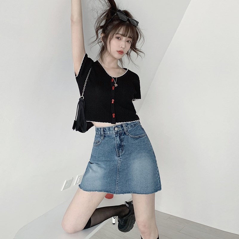 Áo Thun Dệt Kim Tay Ngắn Eo Cao Thời Trang Mùa Hè Cho Nữ