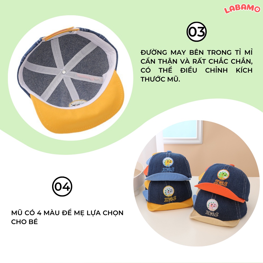Mũ lưỡi trai cho bé hình khủng long đáng yêu chất liệu vải bò bé từ sơ sinh tới 2 tuổi LABAMO MU02