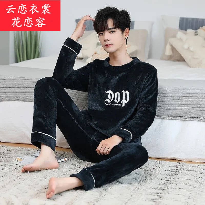 Bộ Đồ Ngủ Vải Flannel Phối Nhung Dày Giữ Ấm Mùa Thu Đông Cho Nam