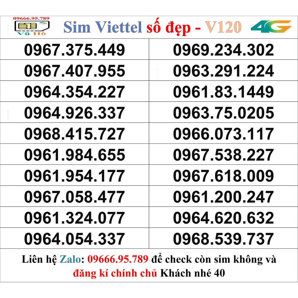 Sim Viettel V120 đầu 09 số đẹp giá rẻ 40