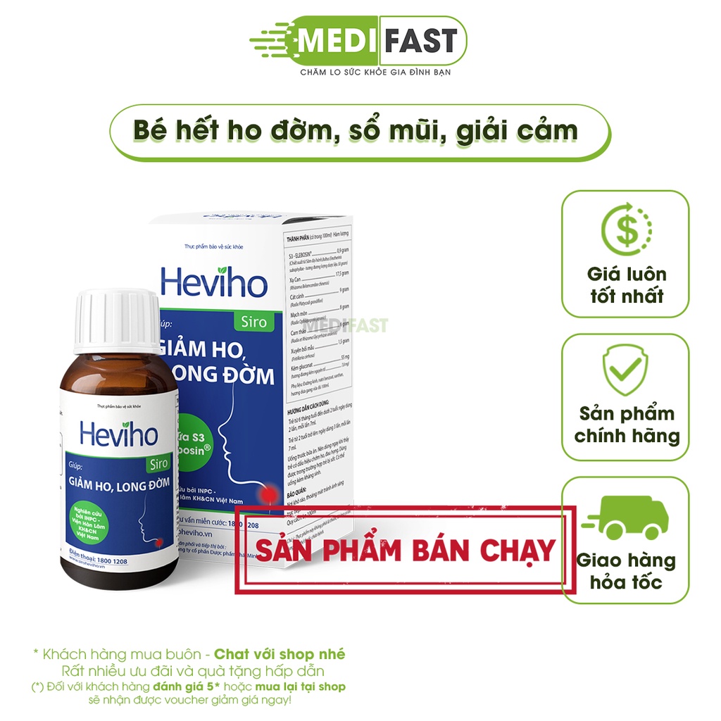 Siro Heviho - Giúp giảm ho, bổ phổi, bổ phế, long đờm ở trẻ - từ thảo dược thiên nhiên - Chai 100ml mua 6 tặng 1