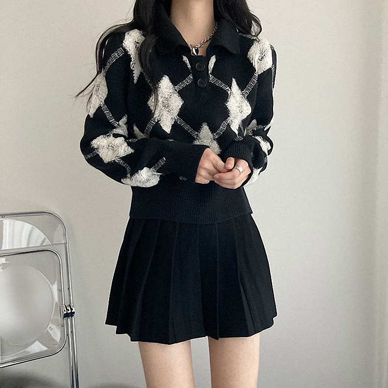 QADCOL  Áo dệt kim mềm mại cổ polo họa tiết caro thời trang dành cho nữ