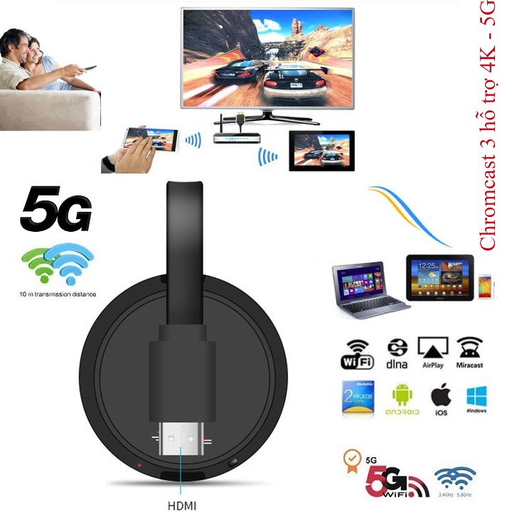 Thiết bị HDMI không dây Streaming Chromecast Ultra 4K hỗ trợ kết nối 5G cho Tivi 4K