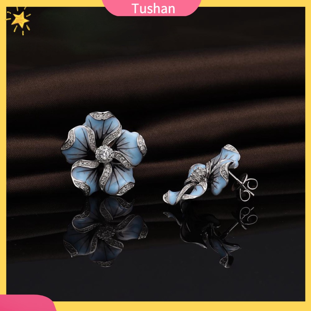 TUSH Women Cubic Zirconia Inlaid Enamel Flower Ear Stud Earrings Wedding Jewelry Gift