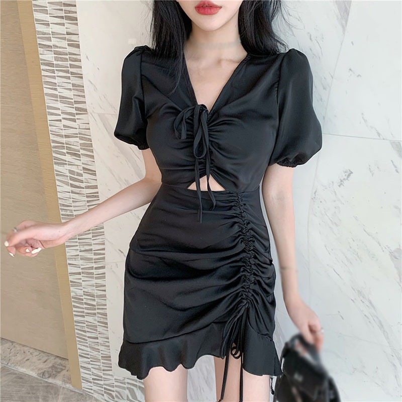 Đầm ôm dáng tay phồng thiết kế rút dây phong cách quyến rũ thời trẻ trung cho nữ