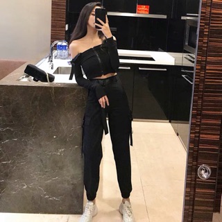 Set đồ croptop + jogger đen cực ngầu Ulzzang