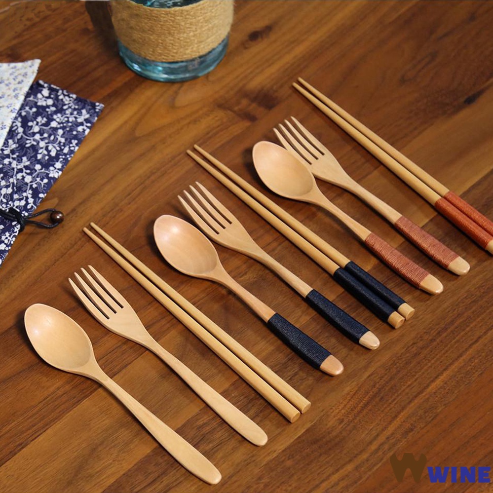 Set 3 món đũa, thìa, dĩa gỗ Nhật Bản, Bộ muỗng đũa nĩa, dụng cụ ăn cá nhân loại cao cấp wine