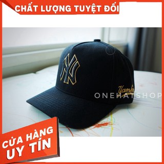 Nón thời trang logo thêu nổi phong cách Hàn Quốc đen viền vàng trucker fom cứng