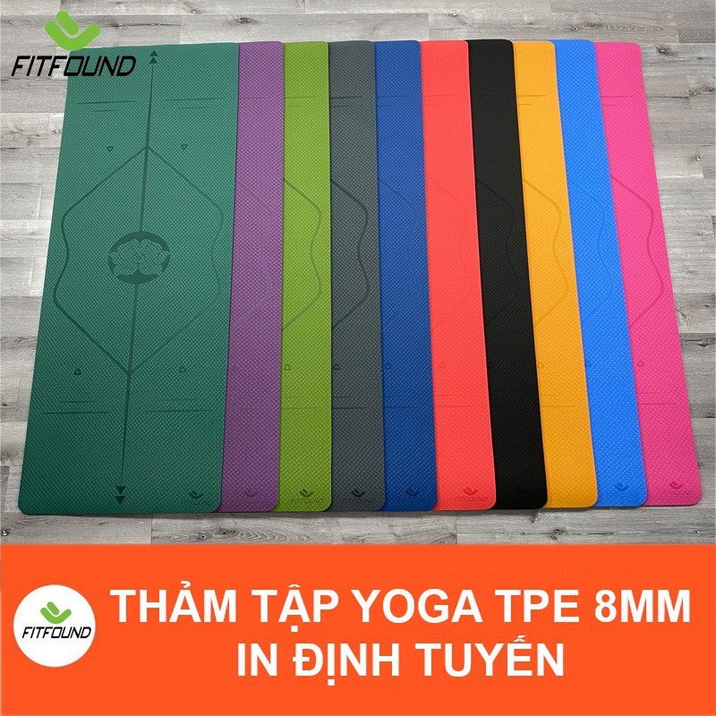 Thảm tập Yoga gym Fitfound 8mm Tpe Cao cấp in định tuyến Fitfound chống trơn trượt có dây buộc thảm tập thể dục tại nhà