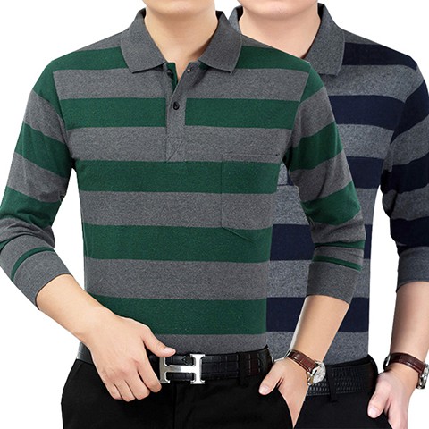 ✗☫♣Storm Dust-Middle-aged men's long-sleeved T-shirt lapel loose big code casual daddy dress Striped polo Shirt