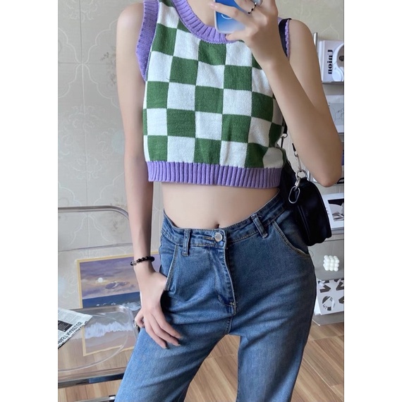 (Có sẵn) Áo Gile Croptop Kẻ Caro Phong Cách Năng Động | BigBuy360 - bigbuy360.vn