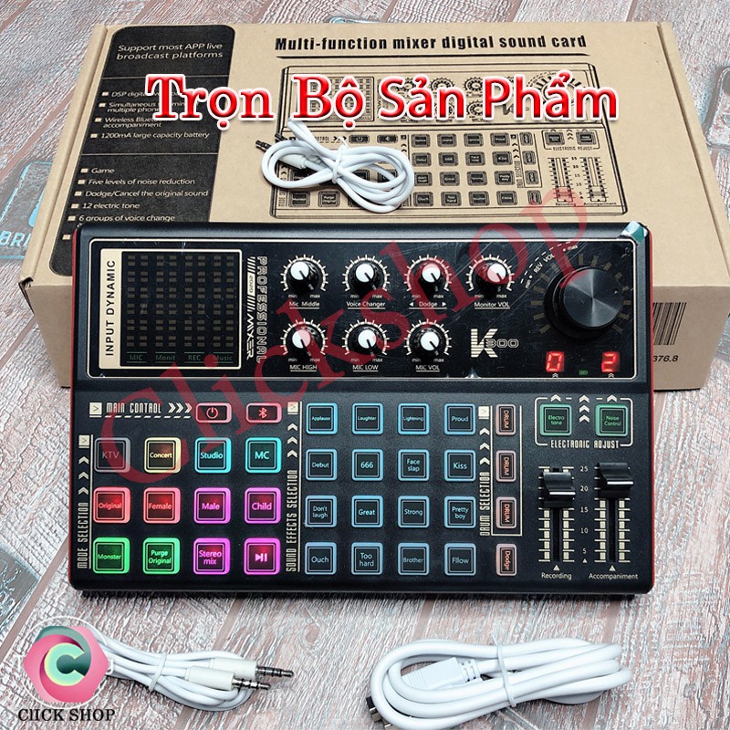 Sound card k300 có bluetooth auto tune hỗ trợ các mic thu âm livestream hay mic karaoke - K300 tích hộp pin và đèn led