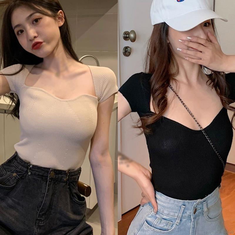 Áo kiểu dệt kim tay ngắn cổ vuông phong cách Hàn Quốc quyến rũ trẻ trung cho nữ | BigBuy360 - bigbuy360.vn