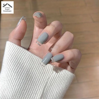 Bộ 24 móng tay giả phẳng dài màu xanh dương và xám nhạt kèm keo dán
