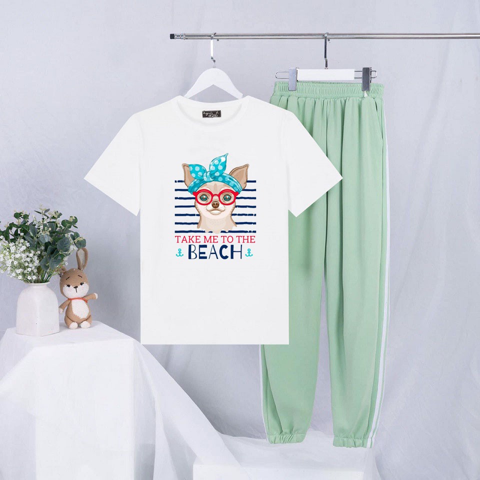 Sét Bộ Đồ Nữ Mặc Đi Chơi Dạo Phố Mùa Hè, Áo Phông Cotton In Thú Kéo Tai Kèm Quần Thun Bo Gấu Phong Cách Teen Hàn Quốc