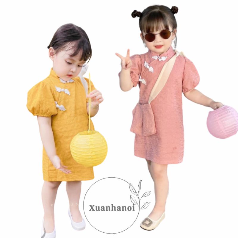 Áo sườn xám cho bé gái kèm túi đeo chéo 2 mầu vàng và hồng 8-30kg XHN1055