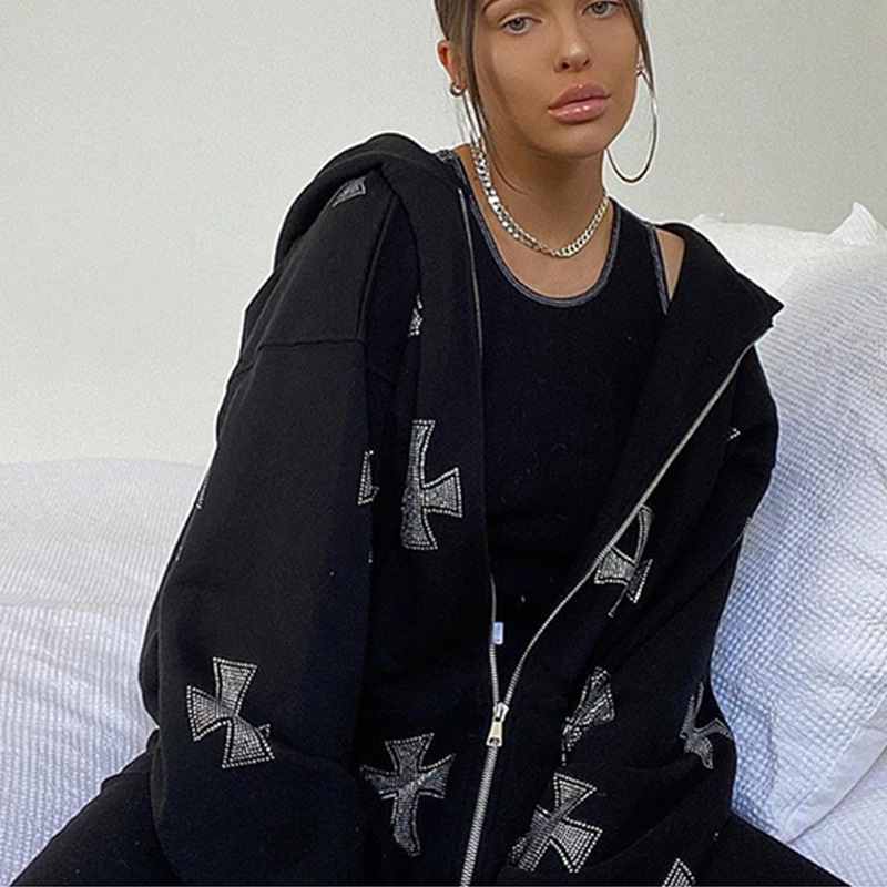 Set Áo Hoodie Dài Tay Đính Đá + Quần Dài Phong Cách Hiphop Thời Trang Hàn Quốc