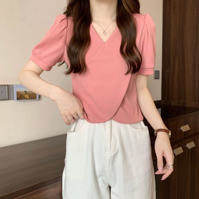 Áo Sơ Mi Ngắn Tay Cổ Chữ V Thiết Kế Chéo Thanh Lịch Phong Cách Mới Mùa Hè Cho Nữ