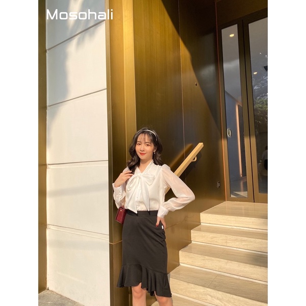 Áo sơ mi nữ suông Mosohali cổ nơ khuy ngọc thời trang công sở thiết kế mosohali