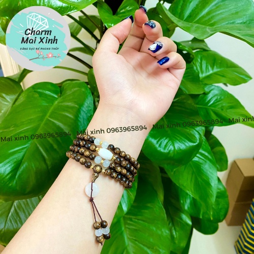 Chuỗi Trầm Hương Sánh chìm 108 phối Lu Đá và Cát Tường Ngoc Bích, Đồng Điếu, Hoa - Vòng Tay Gỗ tự nhiên Nữ phong thuỷ