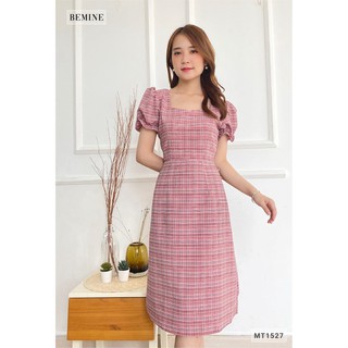 Đầm caro tay phồng cổ vuông BEMINE MT1527DO