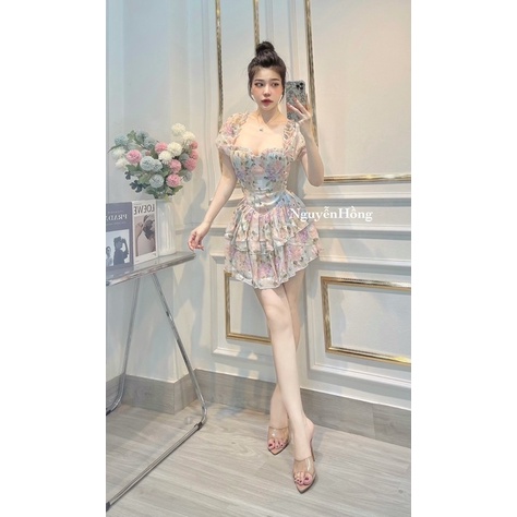 Váy hoa cup ngực tay bồng