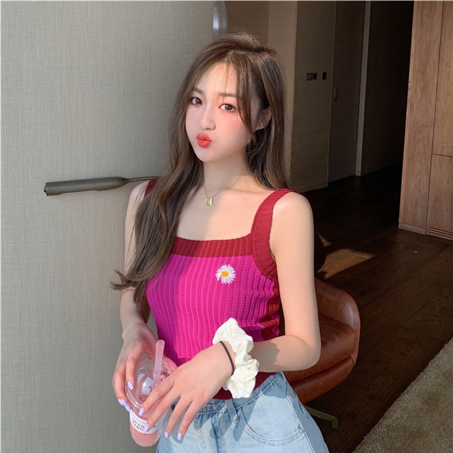 Áo hai dây ZHELIHANGFEI dệt kim tay dài thêu họa tiết phong cách Hàn Quốc thời trang mùa hè dành cho nữ