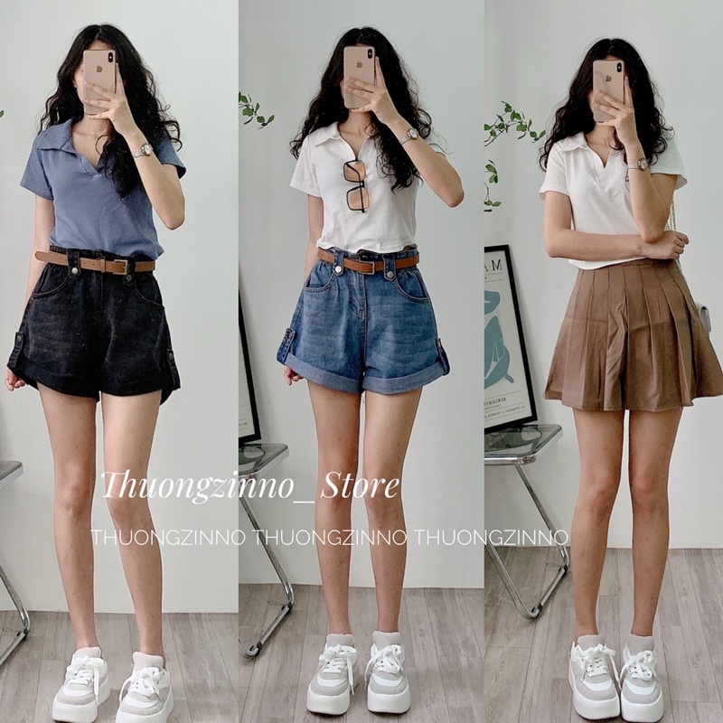 Áo Croptop cổ đức Kiểu Nữ Ôm Body SANJOLI Polo có cổ sơ mi thun Tay Ngắn Form Rộng sexy Cá tính thể thao màu trắng đen
