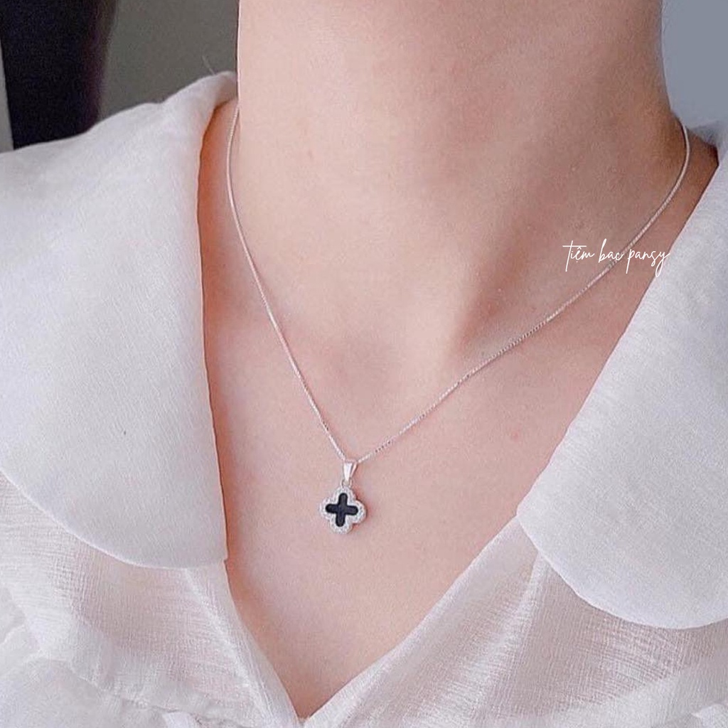 Dây chuyền cỏ 4 lá đen may mắn PANSY - Vòng cổ nữ bạc ta cao cấp