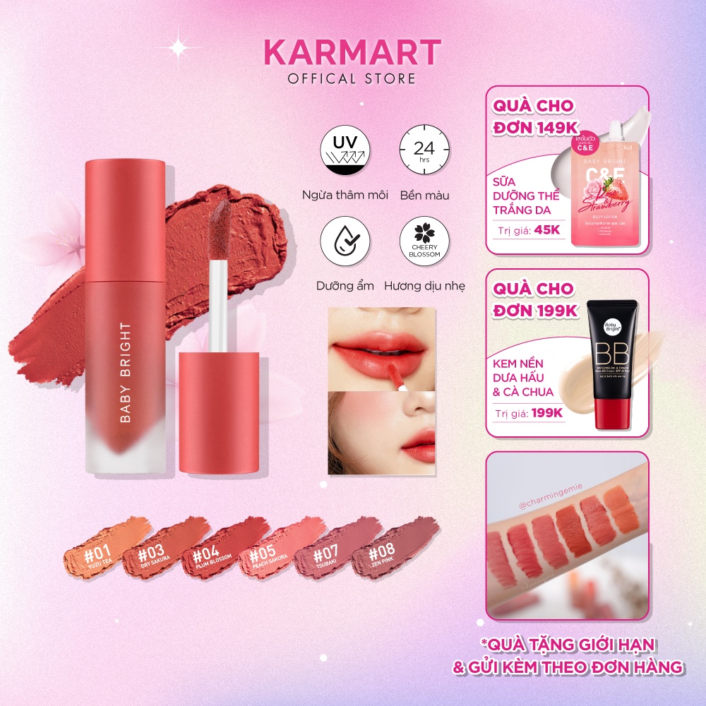 Son kem và má hồng Baby Bright Lip &amp; Cheek Velvet Cherry Blossom 2.4g