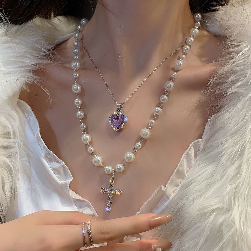 [ Mã 11FASHIONSALE1 giảm 10K đơn 50K ] vòng cổ Mặt Hình Thánh Giá Đính Đá Pha Lê Tím