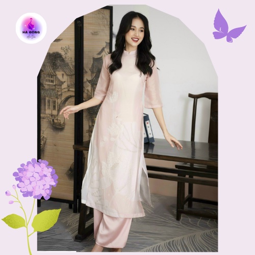 Set áo dài tơ óng kết hạt nổi - innovative ao dai