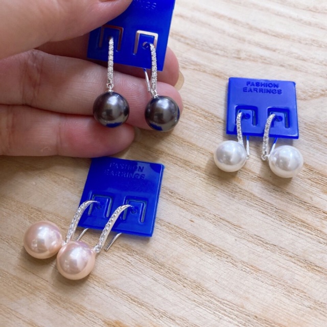 Khuyên tai móc gắn đá thả quả tròn ngọc nhân tạo bạc NGỌC MẬU