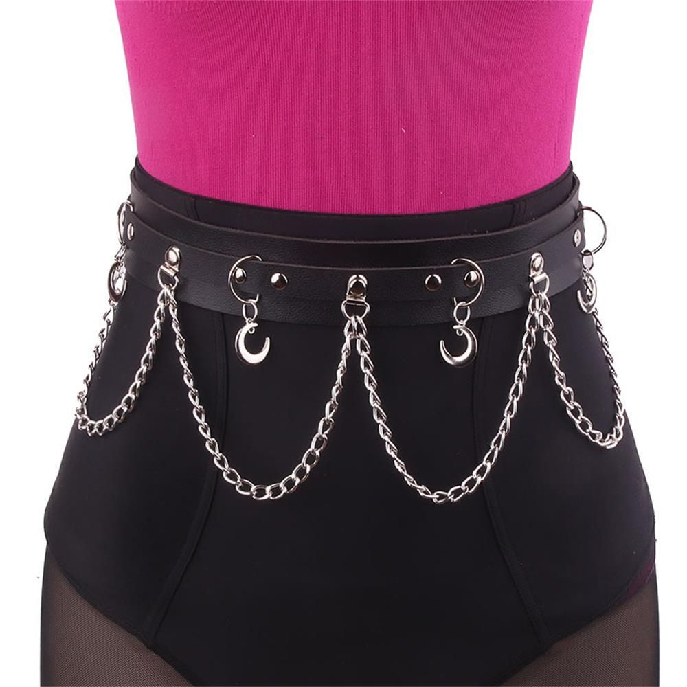 Dây xích da màu đen đeo thắt lưng phong cách hip hop thời trang cho nữ