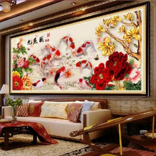 Tranh thêu cửu ngư quần hội khổ  lớn 200*90