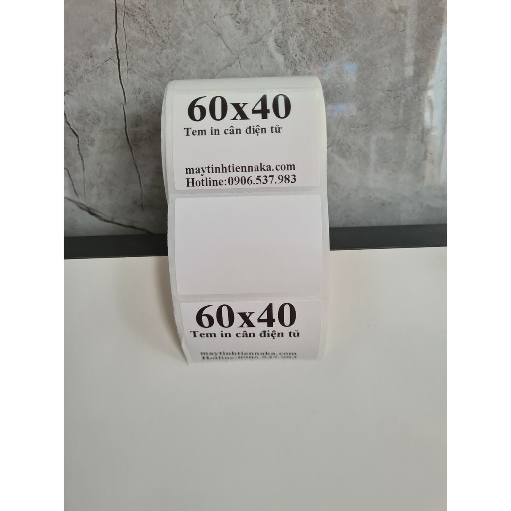 Tem decal nhiệt 60x40 mm - Giấy in mã vạch 6x4 cm dài 25m dùng in tem phụ Minicode dán lên sản phẩm hàng hóa