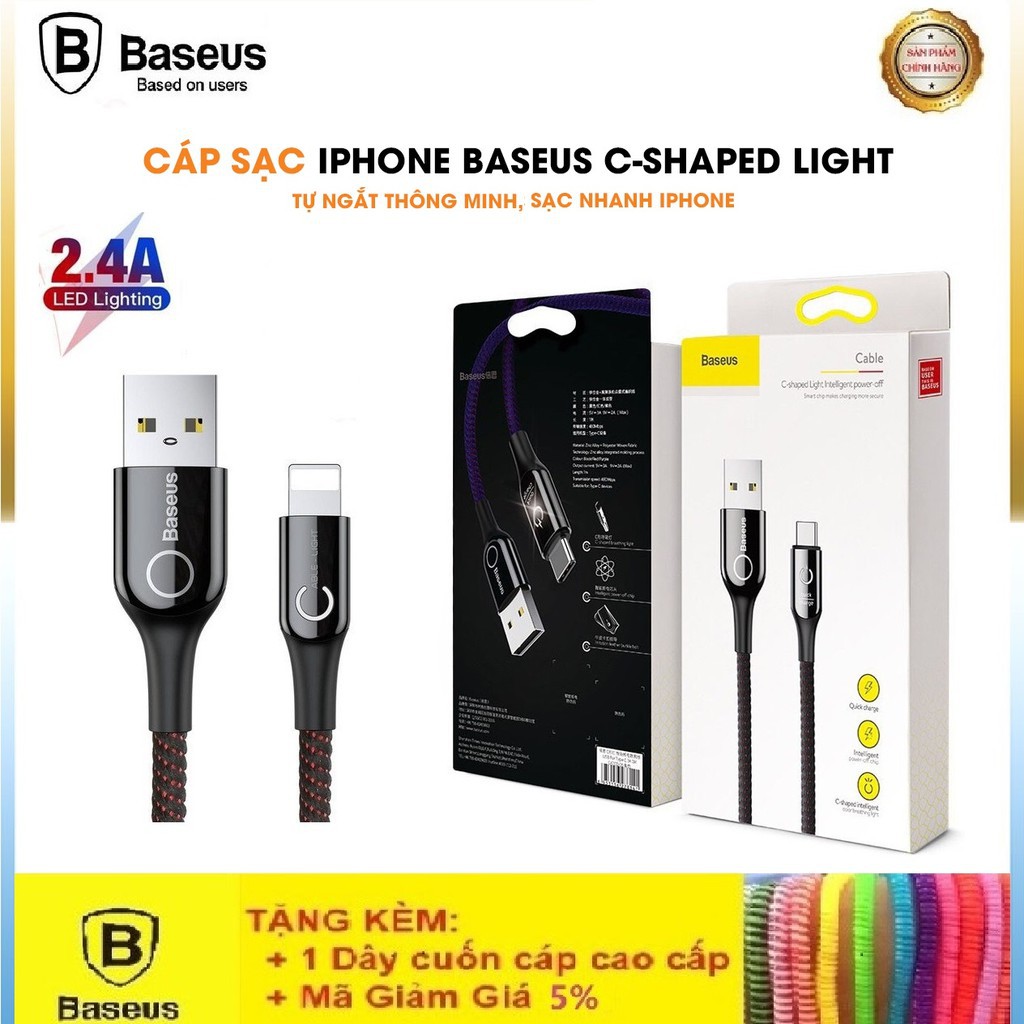 Dây Sạc IPHONE Dây Sạc TỰ NGẮT THÔNG MINH Khi Sạc Đầy Pin Baseus C-Shaped Light - Bảo Hành Chính Hãng 12T