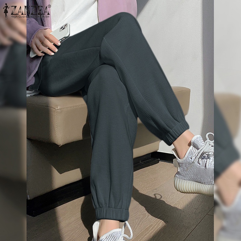 Quần dài ZANZEA dệt kim ống rộng phồng phối dây rút thời trang thể thao cho nữ