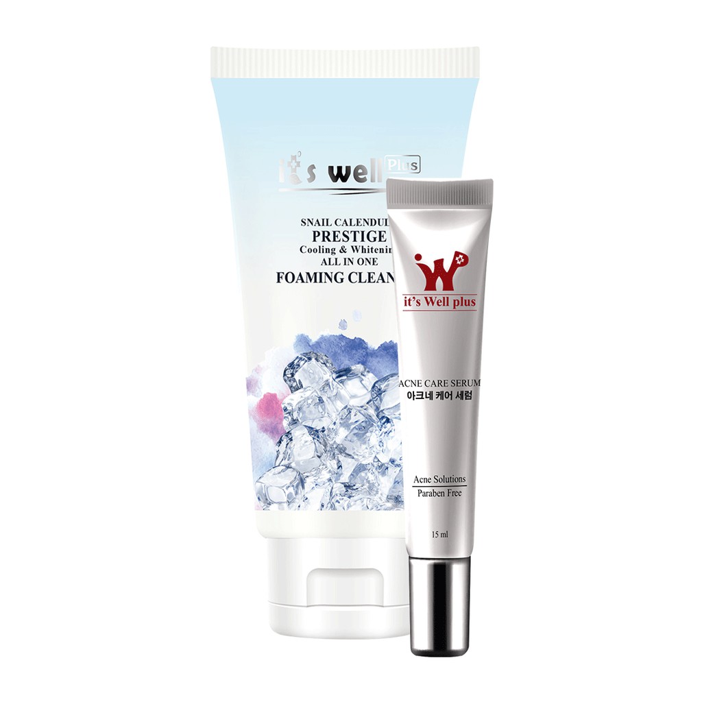 Bộ 2 sản phẩm hỗ trợ giảm mụn It's Well Plus: Serum chăm sóc da  mụn 15ml &amp; Sữa rửa mặt bạc hà the mát mờ thâm mụn 150ml