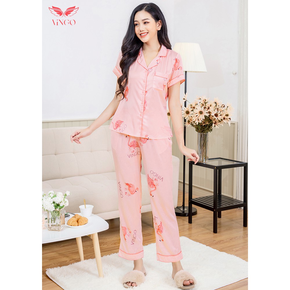 Bộ quần áo ngủ mặc nhà Lụa Pháp cao cấp kiểu Pijama tay cộc quần dài họa tiết hồng hạc H206 VNGO