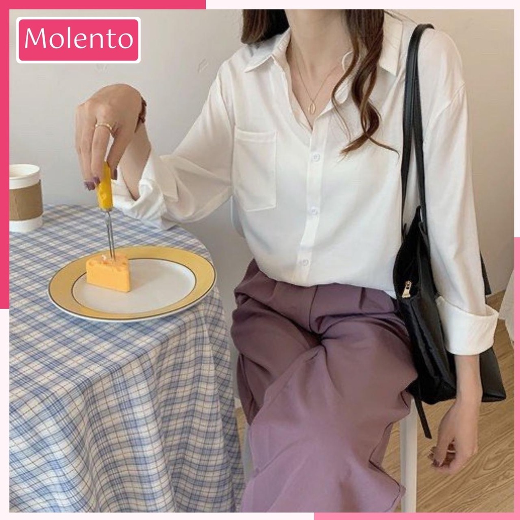 Áo Sơ Mi Nữ From Rộng Công Sở Dài Tay Phong Cách Ulzzang Vintage Hàn Quốc Chất Đũi Tơ Đẹp Màu Sắc Trẻ Trung Molento M95