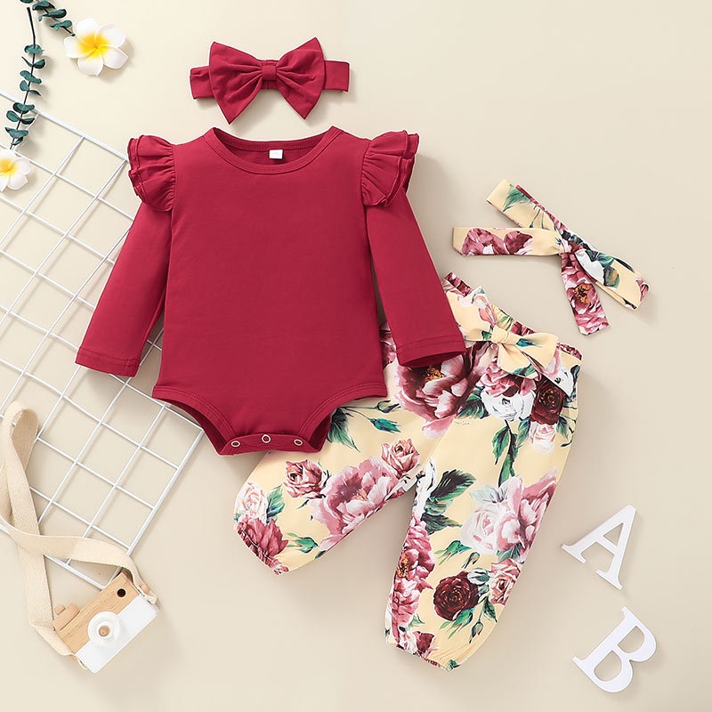 Băng đô quà tặng-Bộ Đồ Quần Áo Bé Gái Body Tay Dài Bodysuit Liền Thân Và Hoa Quần Dài Set Thời Trang Cho Bé Trẻ em Sơ Sinh 0-24 Tháng