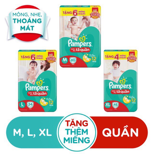 [HÀNG CỘNG MIẾNG]Tã/Bỉm Quần Pamper BABY-DRY M60 L54 XL48