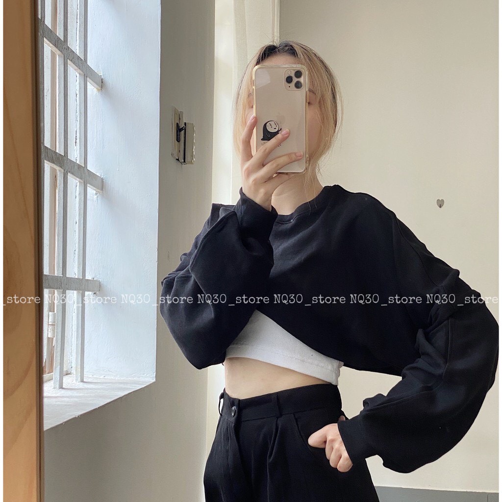 Áo Croptop Nữ Kiểu Tay Dài Phồng Dáng Rộng Đắp Chéo BEE Ulzzang   A08
