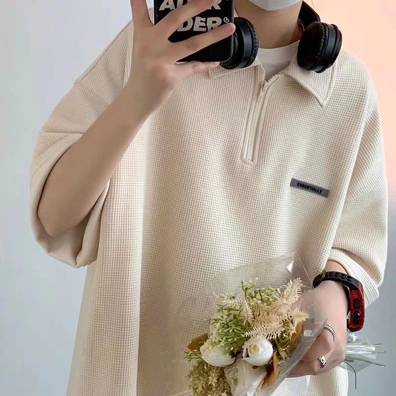 Áo polo Ngắn Tay Dáng Rộng Màu Trơn Phối Khóa Kéo Thời Trang Unisex