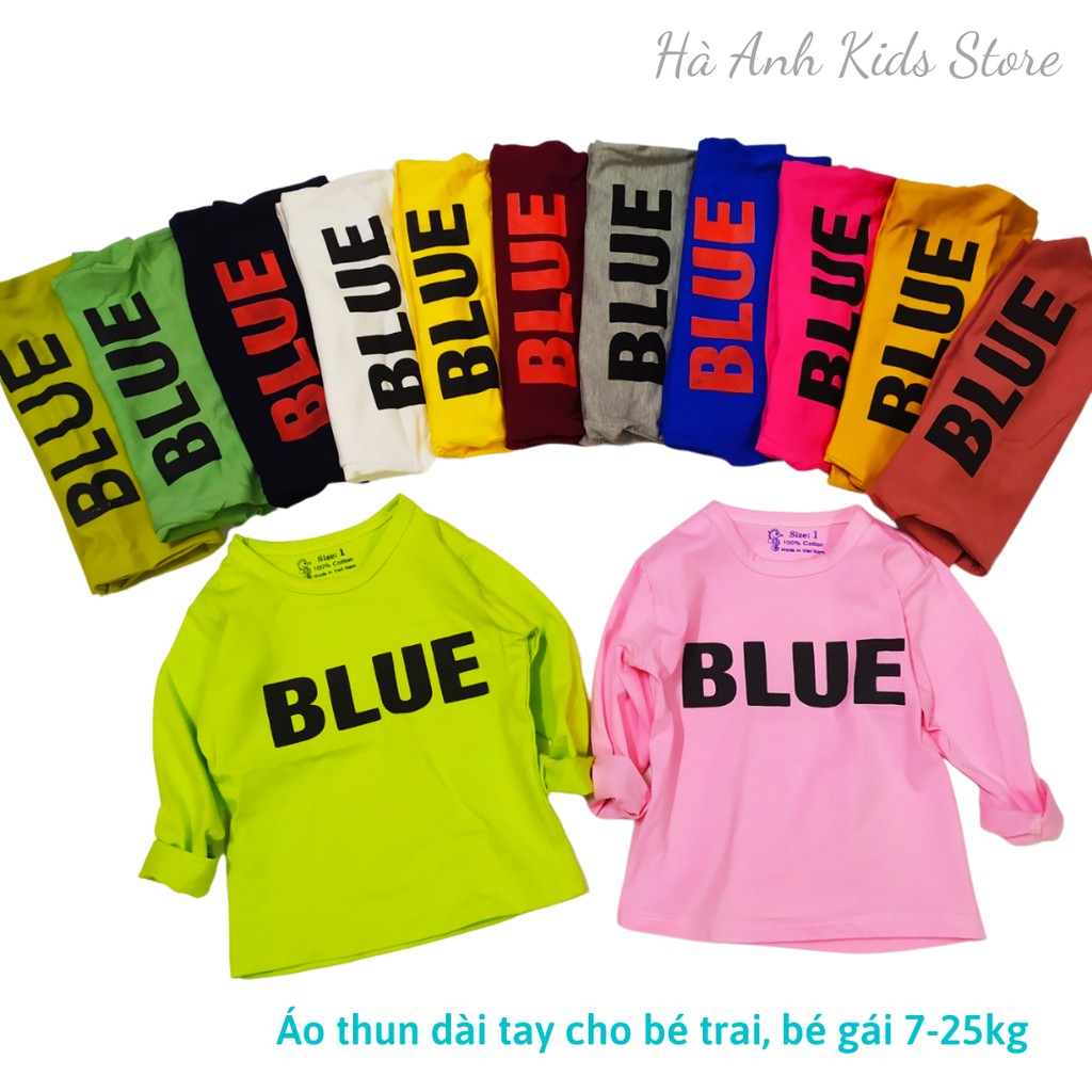 Áo dài tay cổ tròn chữ Blue cá tính cho bé trai, bé gái 7-25kg